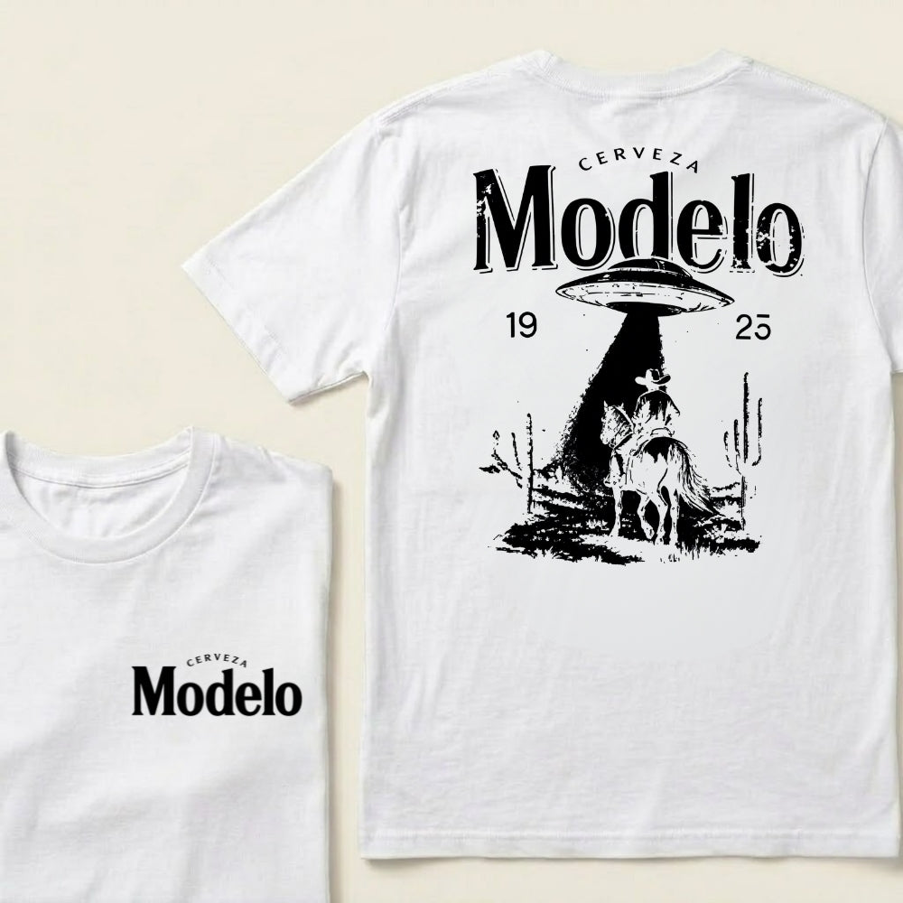 Cerveza Modelo 1925 Western Ufo Cowboy Rider Desert Cactus Vintage Graphic Tee