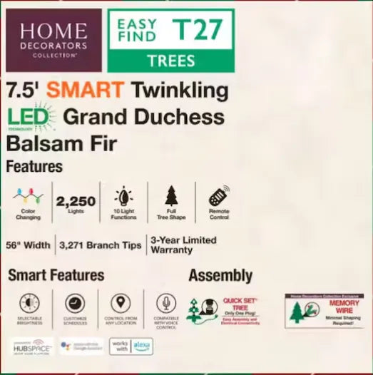 7.5 ft SMART Grand Duchess Twinkling Balsam Fir LED Pre-Lit Tree T27