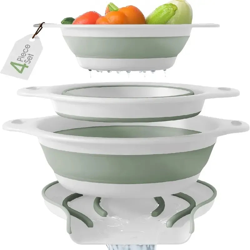 Collapsible Colanders 3-Pack – Sturdy Kitchen Strainer Set with Compact Over-Sink Self-Drainage Base, 3 Sizes (2.8 L, 3.8 L and 4.7 L), White