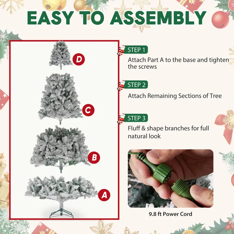 Pre-Lit Snow-Flocked Artificial Christmas Tree – 250 Warm White LED Lights, 8 Lighting Modes, Full Branches and Sturdy Foldable Metal Stand
