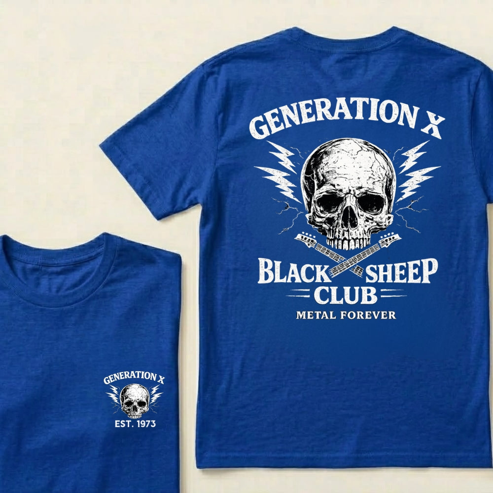 Custom Year Generation X Black Sheep Club Metal Forever Skull Lightning Guitar Graphic T-Shirt