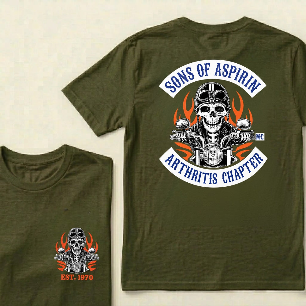 Custom Year Sons Of Aspirin Arthritis Chapter Funny Biker Skull Motorcycle Graphic T-Shirt