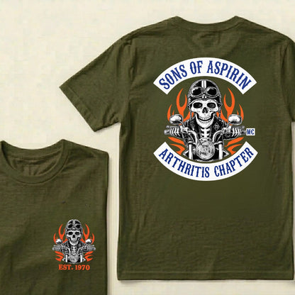 Custom Year Sons Of Aspirin Arthritis Chapter Funny Biker Skull Motorcycle Graphic T-Shirt