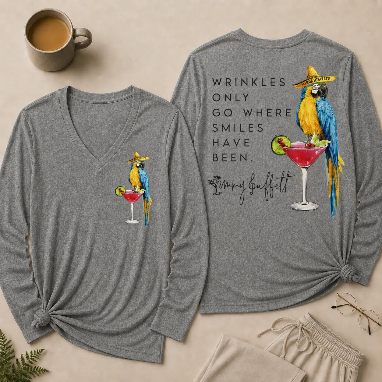 Wrinkles Only Go Where Smiles Have Been V Neck Long Sleeve Shirt