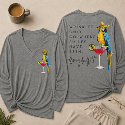 Wrinkles Only Go Where Smiles Have Been V Neck Long Sleeve Shirt