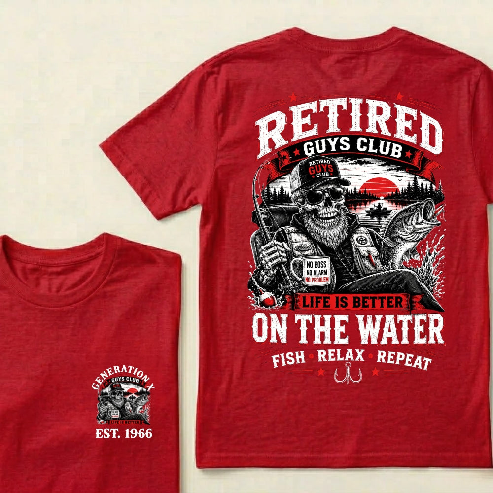 Custom EST.Year Retired Guys Club Life Is Better On The Water Fish Relax Repeat No Boss No Alarm No Problem Skeleton Fisherman Graphic T-Shirt