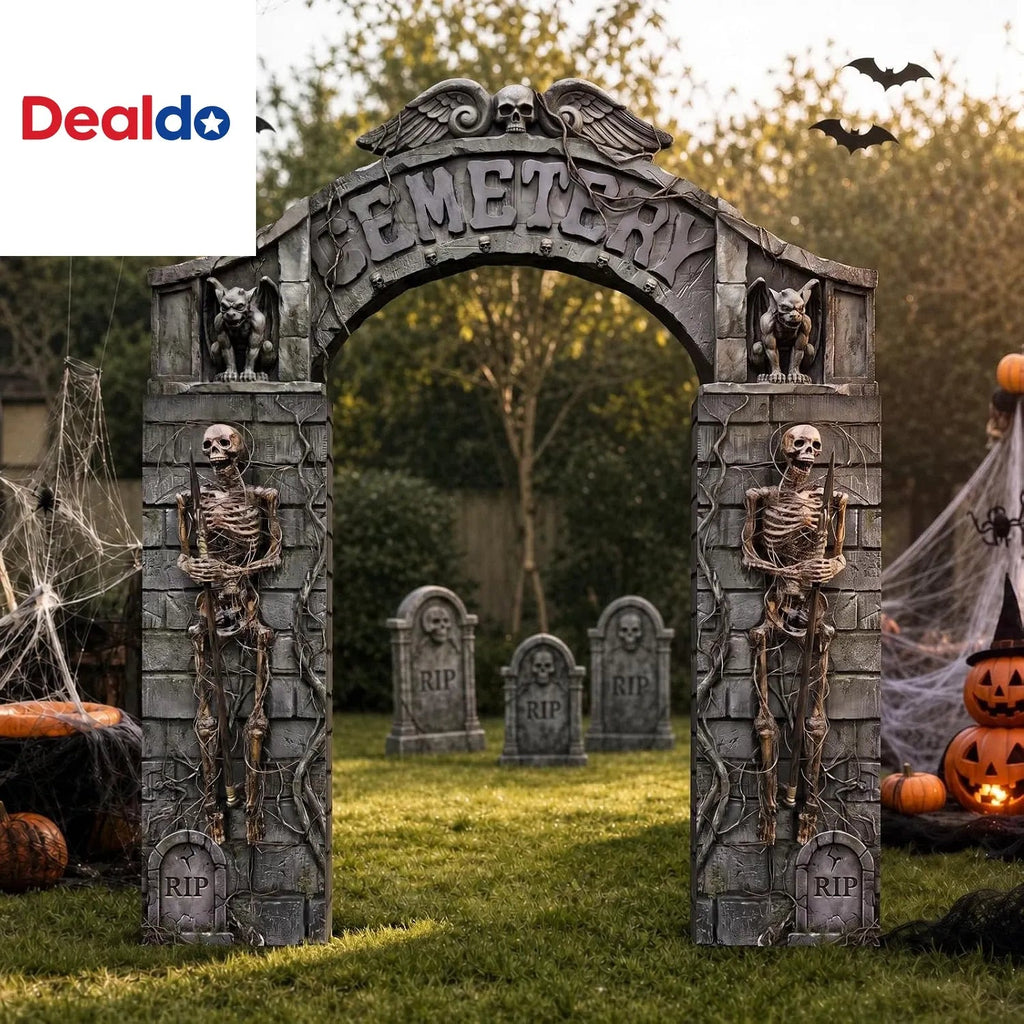 7 Piece Halloween Cemetery Archway Tombstone Skeleton Set