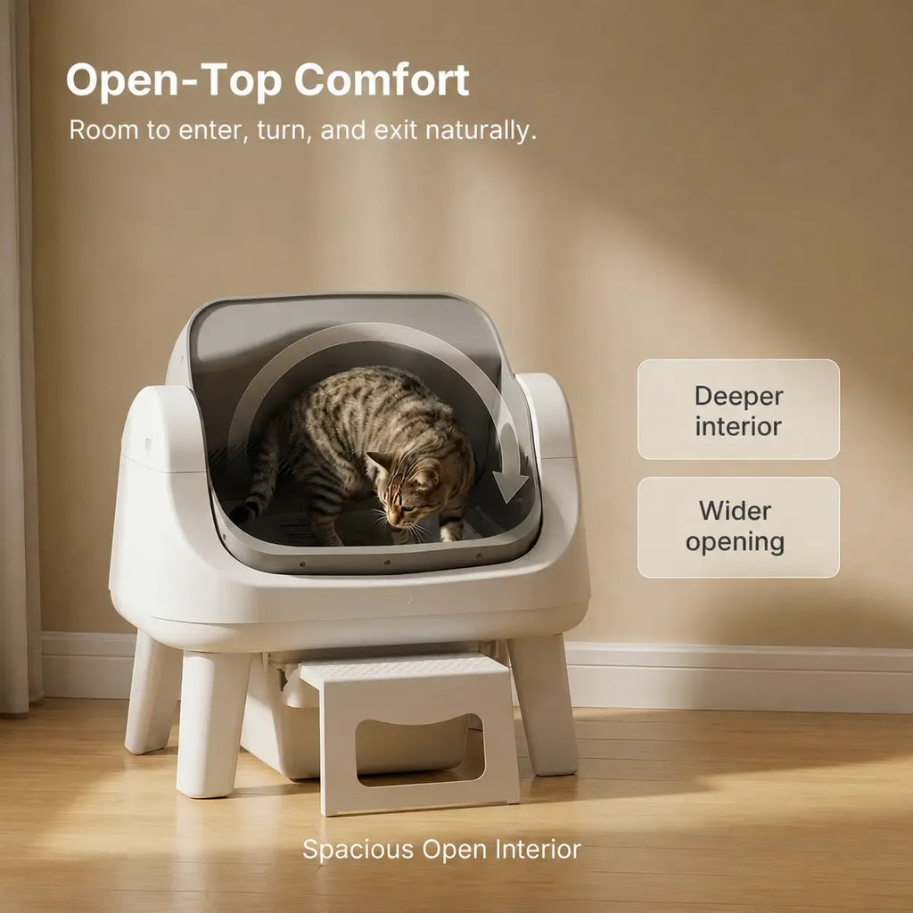 Open-Top Automatic Self-Cleaning Cat Litter Box – Easy-Entry Front Step, Triple Safety Protection and App-Free Operation