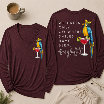 Wrinkles Only Go Where Smiles Have Been V Neck Long Sleeve Shirt