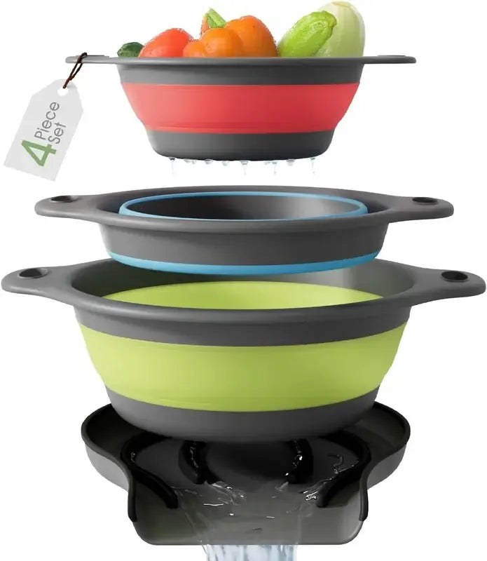 Collapsible Colanders 3-Pack – Sturdy Kitchen Strainer Set with Compact Over-Sink Self-Drainage Base, 3 Sizes (2.8 L, 3.8 L and 4.7 L), White