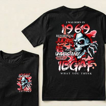 Custom EST.Year I Was Born In 1969 IDGAF What You Think Skull Graphic T‑Shirt