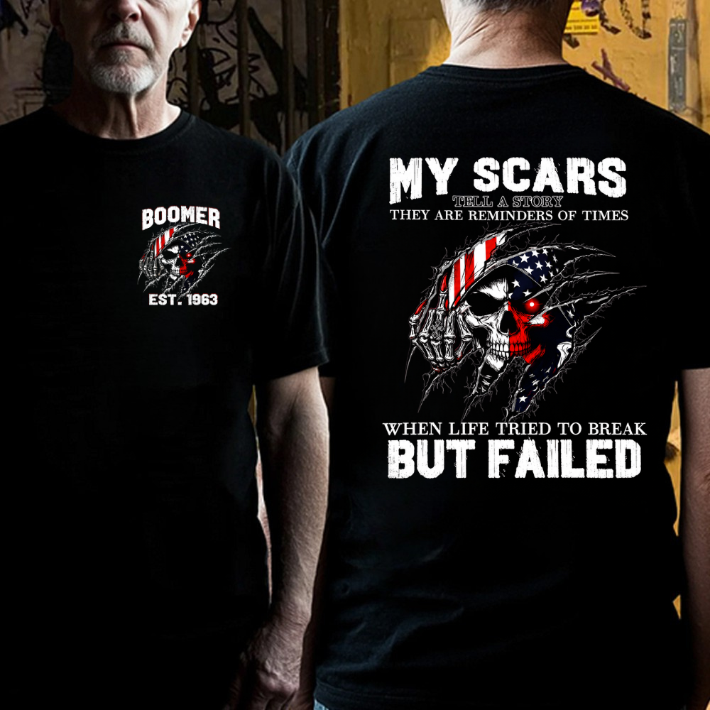 Custom EST.Year & My Scars Tell A Story Double-Sided Patriotic Skull T-Shirt