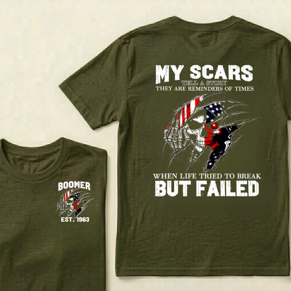 Custom EST.Year & My Scars Tell A Story Double-Sided Patriotic Skull T-Shirt