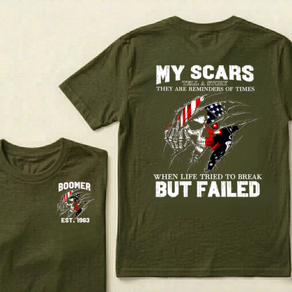 Custom EST.Year & My Scars Tell A Story Double-Sided Patriotic Skull T-Shirt