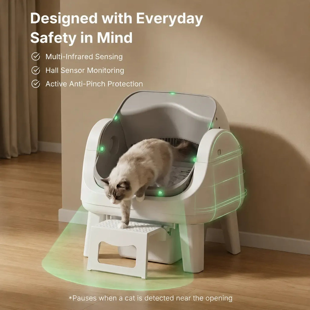 Open-Top Automatic Self-Cleaning Cat Litter Box – Easy-Entry Front Step, Triple Safety Protection and App-Free Operation