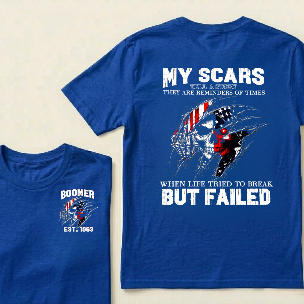Custom EST.Year & My Scars Tell A Story Double-Sided Patriotic Skull T-Shirt