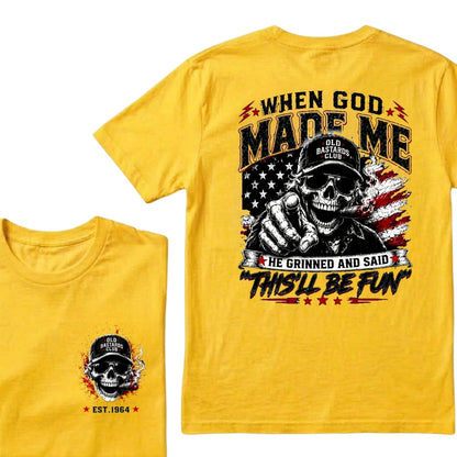 Custom EST.Year When God Made Me He Grinned And Said This'll Be Fun Old Bastards Club Skull American Flag Graphic T-Shirt