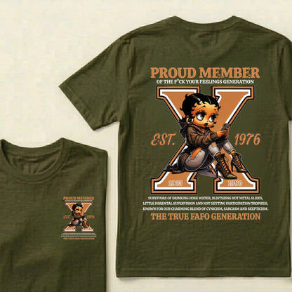 Custom EST.Year Proud Member Of The Fuck Your Feelings Generation X Betty Boop Graphic T‑Shirt