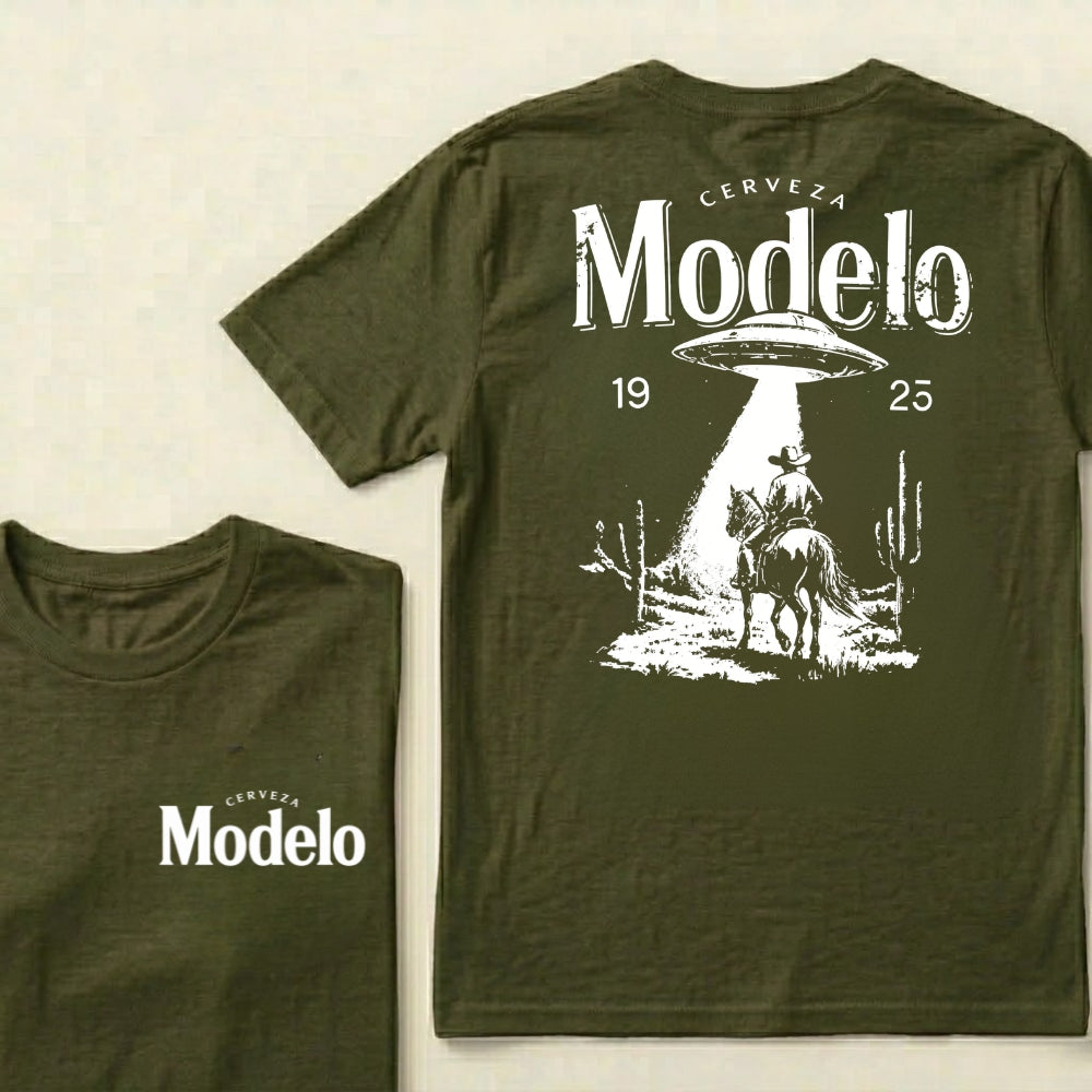 Cerveza Modelo 1925 Western Ufo Cowboy Rider Desert Cactus Vintage Graphic Tee