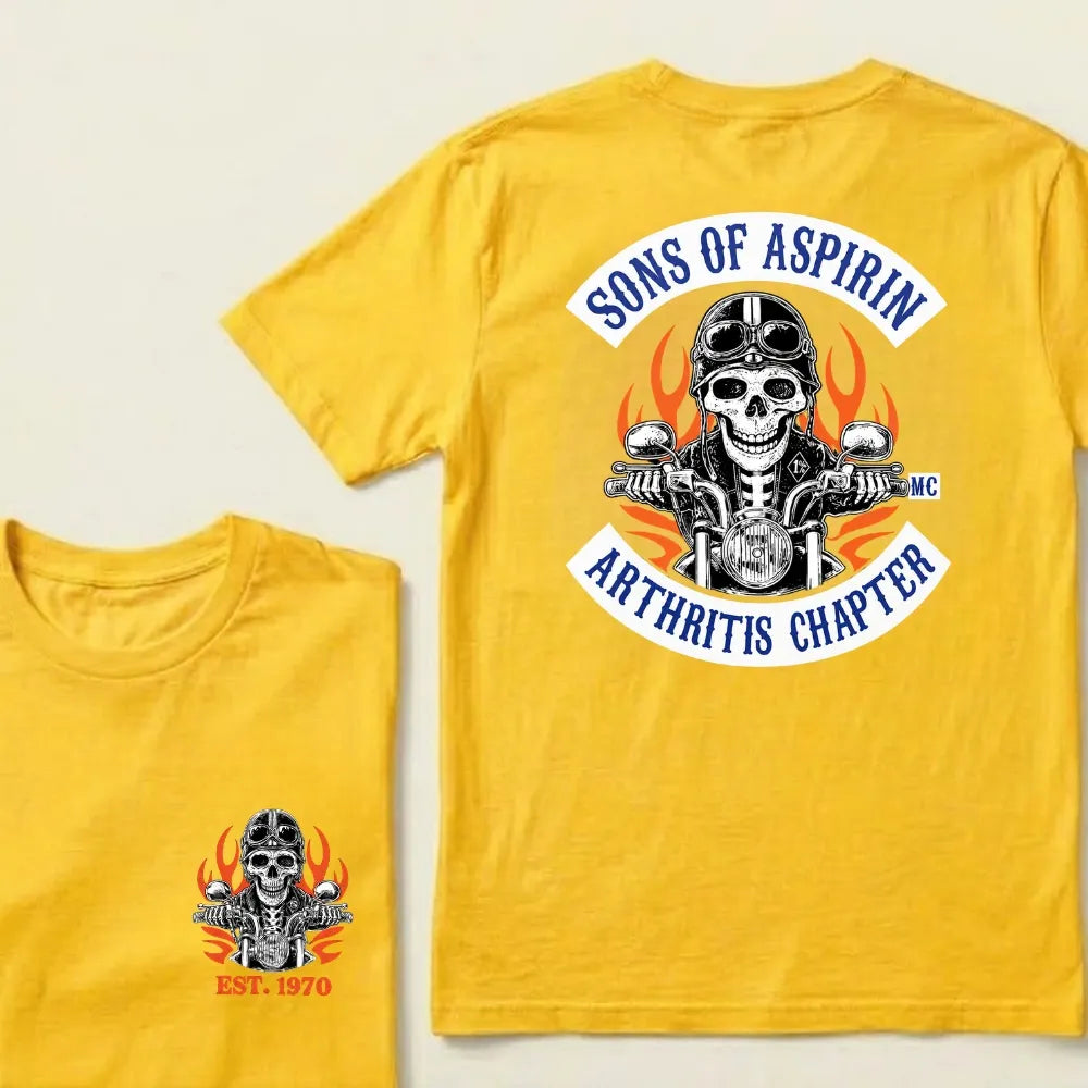 Custom Year Sons Of Aspirin Arthritis Chapter Funny Biker Skull Motorcycle Graphic T-Shirt