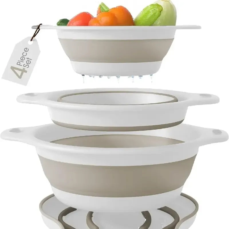 Collapsible Colanders 3-Pack – Sturdy Kitchen Strainer Set with Compact Over-Sink Self-Drainage Base, 3 Sizes (2.8 L, 3.8 L and 4.7 L), White