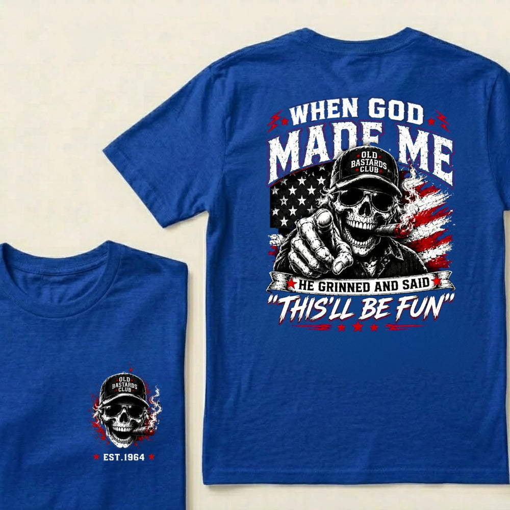 Custom EST.Year When God Made Me He Grinned And Said This'll Be Fun Old Bastards Club Skull American Flag Graphic T-Shirt