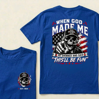 Custom EST.Year When God Made Me He Grinned And Said This'll Be Fun Old Bastards Club Skull American Flag Graphic T-Shirt