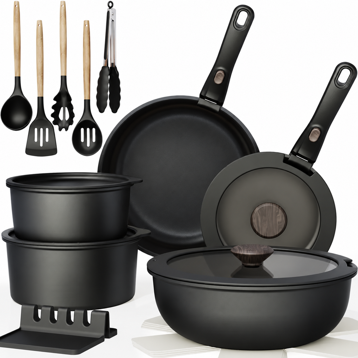 20-Piece Non-Stick Aluminium Pots and Pans Set with Detachable Handle – Oven-Safe, Dishwasher-Safe and Stackable Cookware for Modern Kitchens and Motorhomes