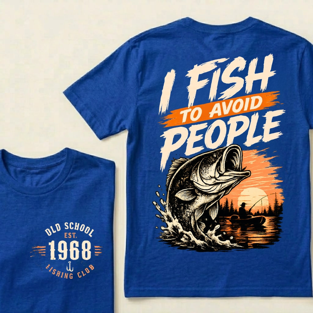 Custom EST.Year I Fish To Avoid People Old School 1968 Bass Fishing Sunset Lake Graphic T-Shirt