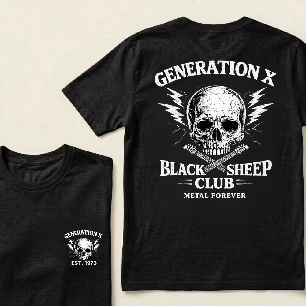 Custom Year Generation X Black Sheep Club Metal Forever Skull Lightning Guitar Graphic T-Shirt