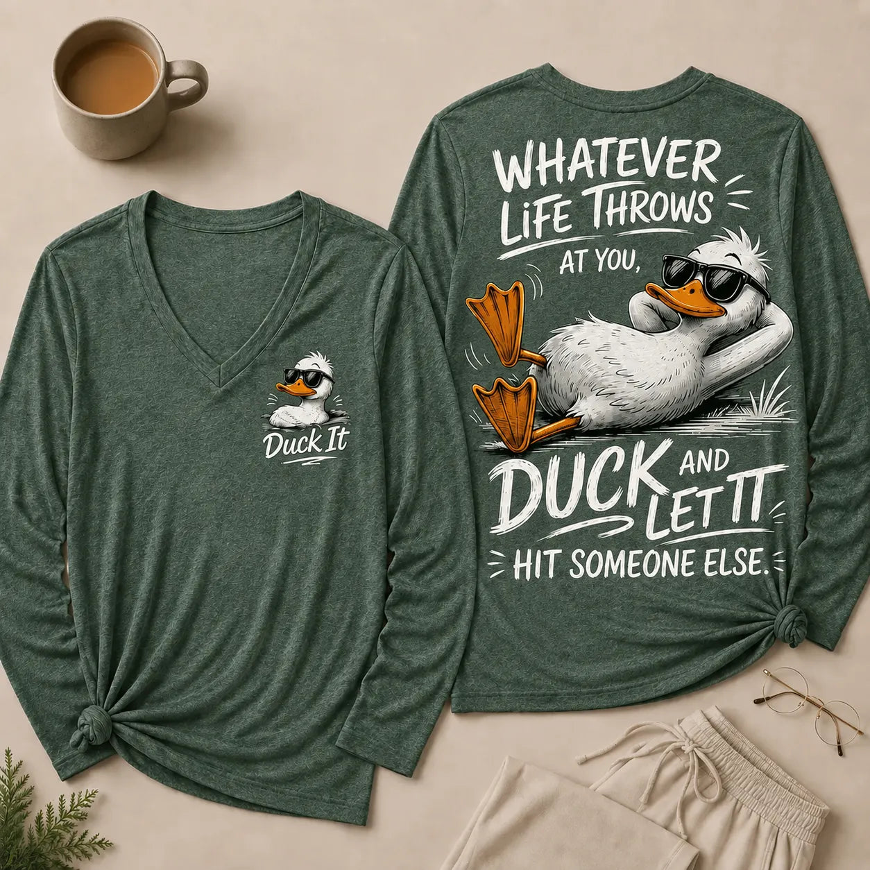 Whatever Life Throws at You – Duck It V-Neck Long Sleeve Shirts