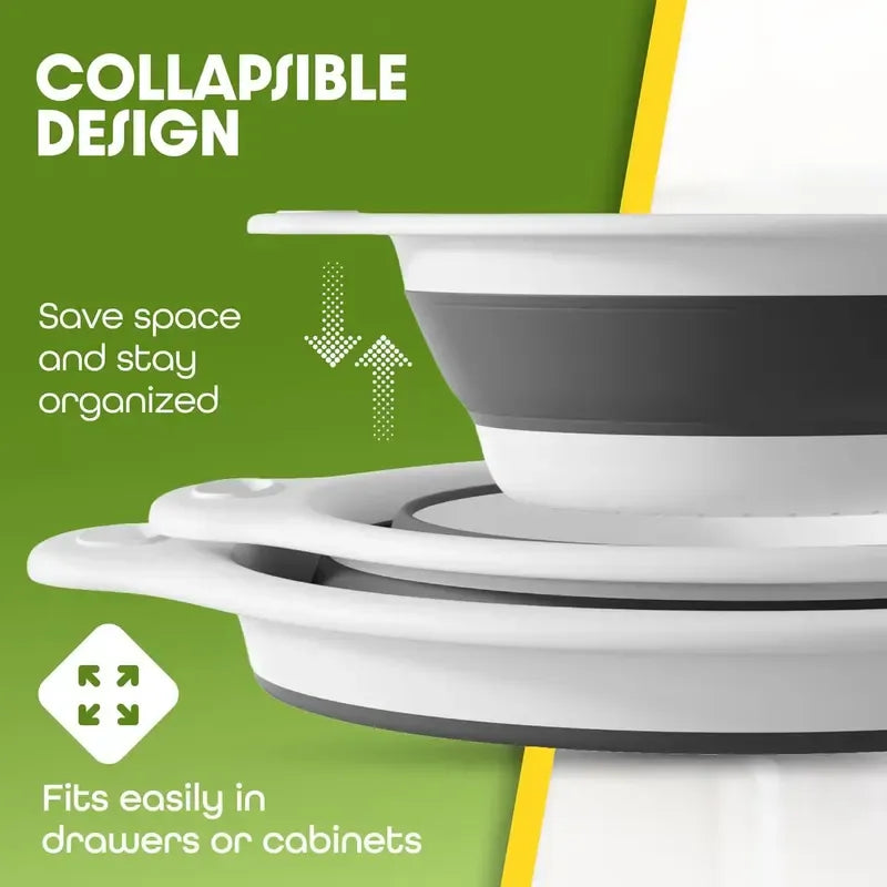 Collapsible Colanders 3-Pack – Sturdy Kitchen Strainer Set with Compact Over-Sink Self-Drainage Base, 3 Sizes (2.8 L, 3.8 L and 4.7 L), White