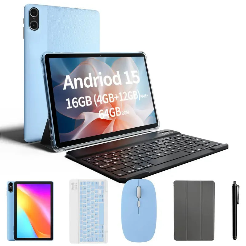 25.4 cm LCD Touchscreen Tablet with 16 GB (4 GB + 12 GB Expanded) RAM, 64 GB ROM, Android 15, Portable Bluetooth Keyboard and Mouse Set for Home Office and Gifting