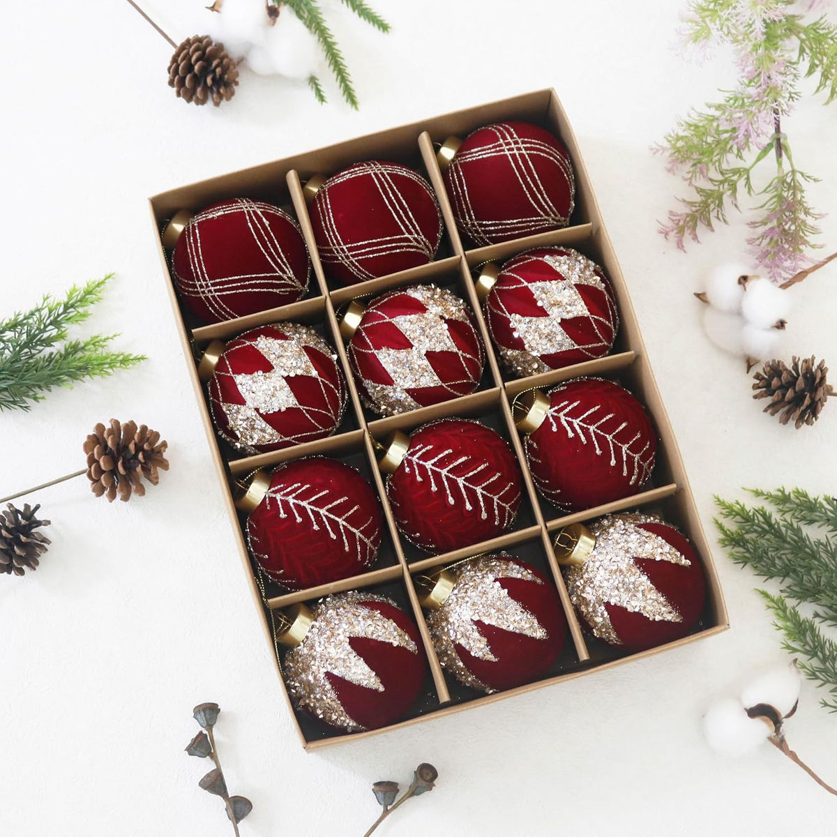 3.15IN Velvet Ornaments for Christmas Tree, 12pcs Flocked Ornaments Balls