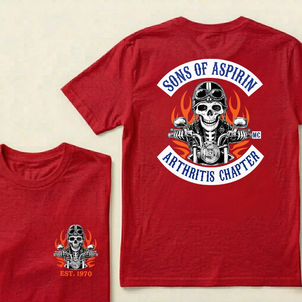 Custom Year Sons Of Aspirin Arthritis Chapter Funny Biker Skull Motorcycle Graphic T-Shirt