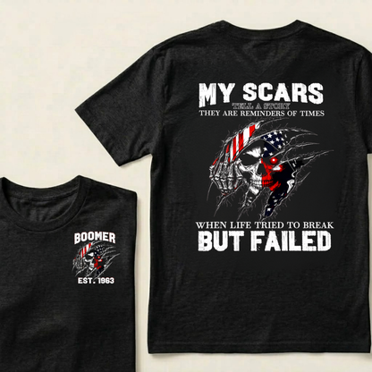 Custom EST.Year & My Scars Tell A Story Double-Sided Patriotic Skull T-Shirt