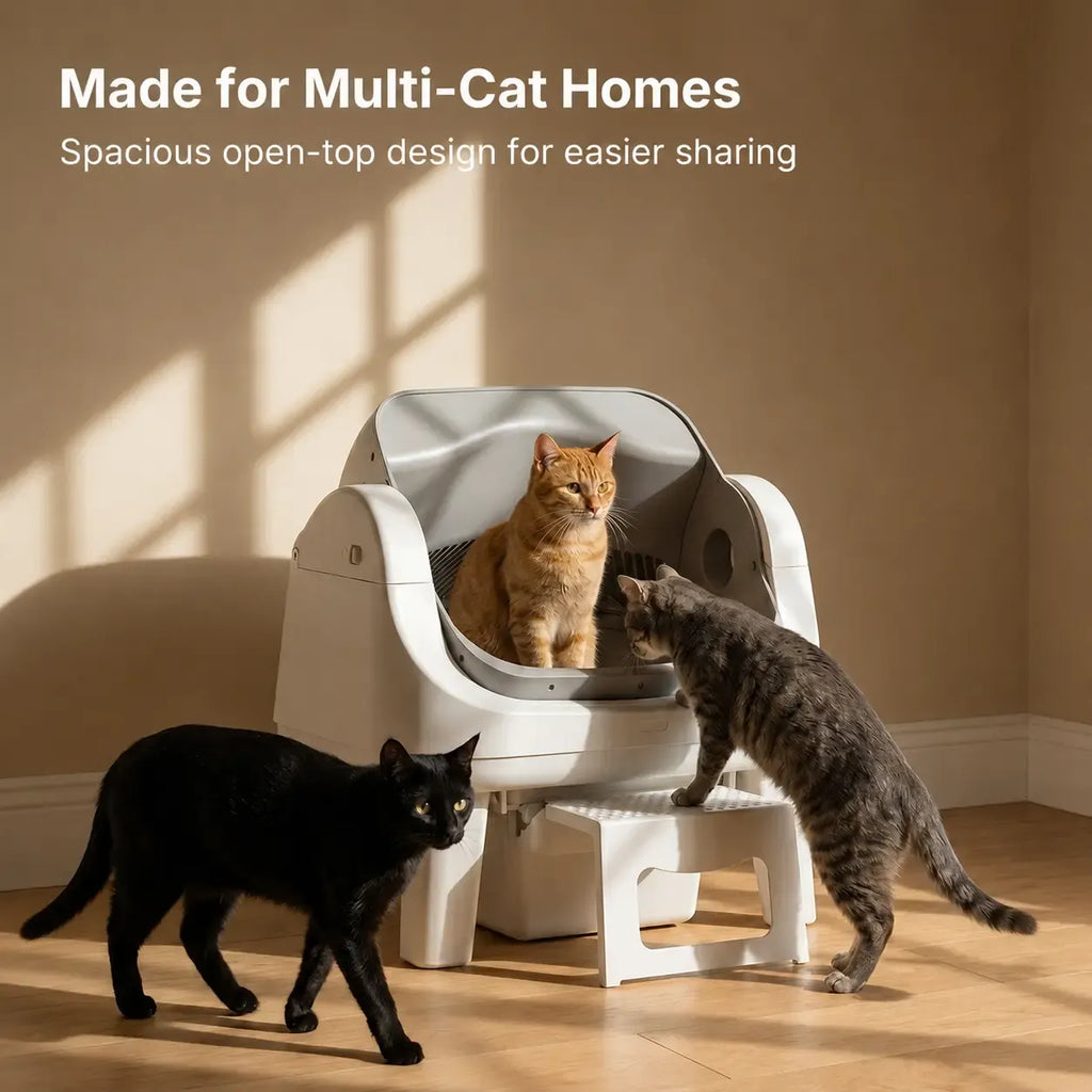 Open-Top Automatic Self-Cleaning Cat Litter Box – Easy-Entry Front Step, Triple Safety Protection and App-Free Operation