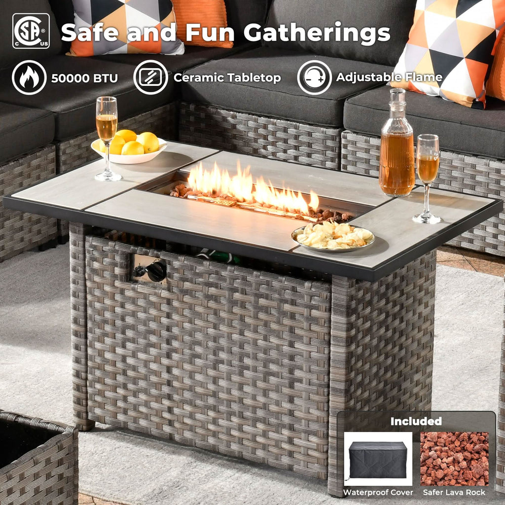 Ovios 13 Pieces Outdoor Patio Furniture Set with Fire Pit Table and Chairs with Wide Armrests