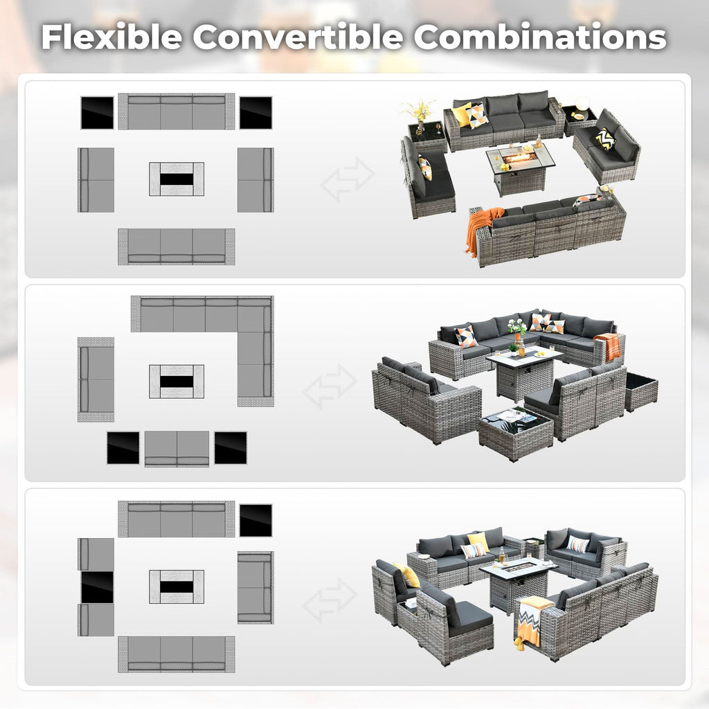 Ovios 13 Pieces Outdoor Patio Furniture Set with Fire Pit Table and Chairs with Wide Armrests