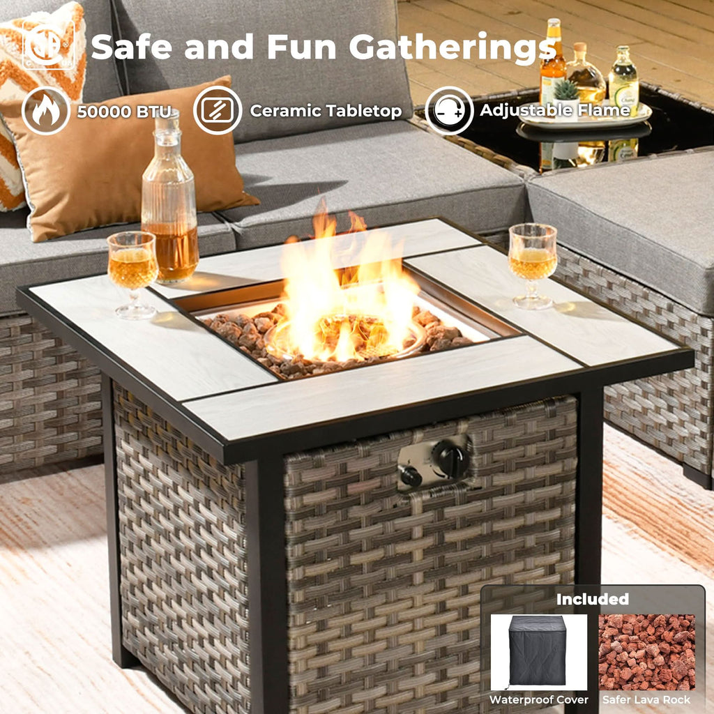 Ovios 13 Pieces Outdoor Patio Furniture Set with Fire Pit Table and Chairs with Wide Armrests