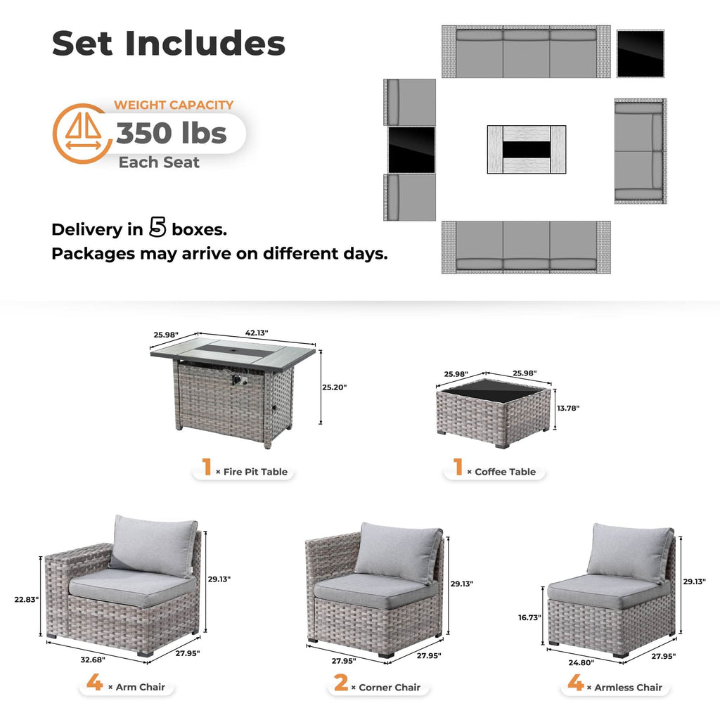 Ovios 13 Pieces Outdoor Patio Furniture Set with Fire Pit Table and Chairs with Wide Armrests
