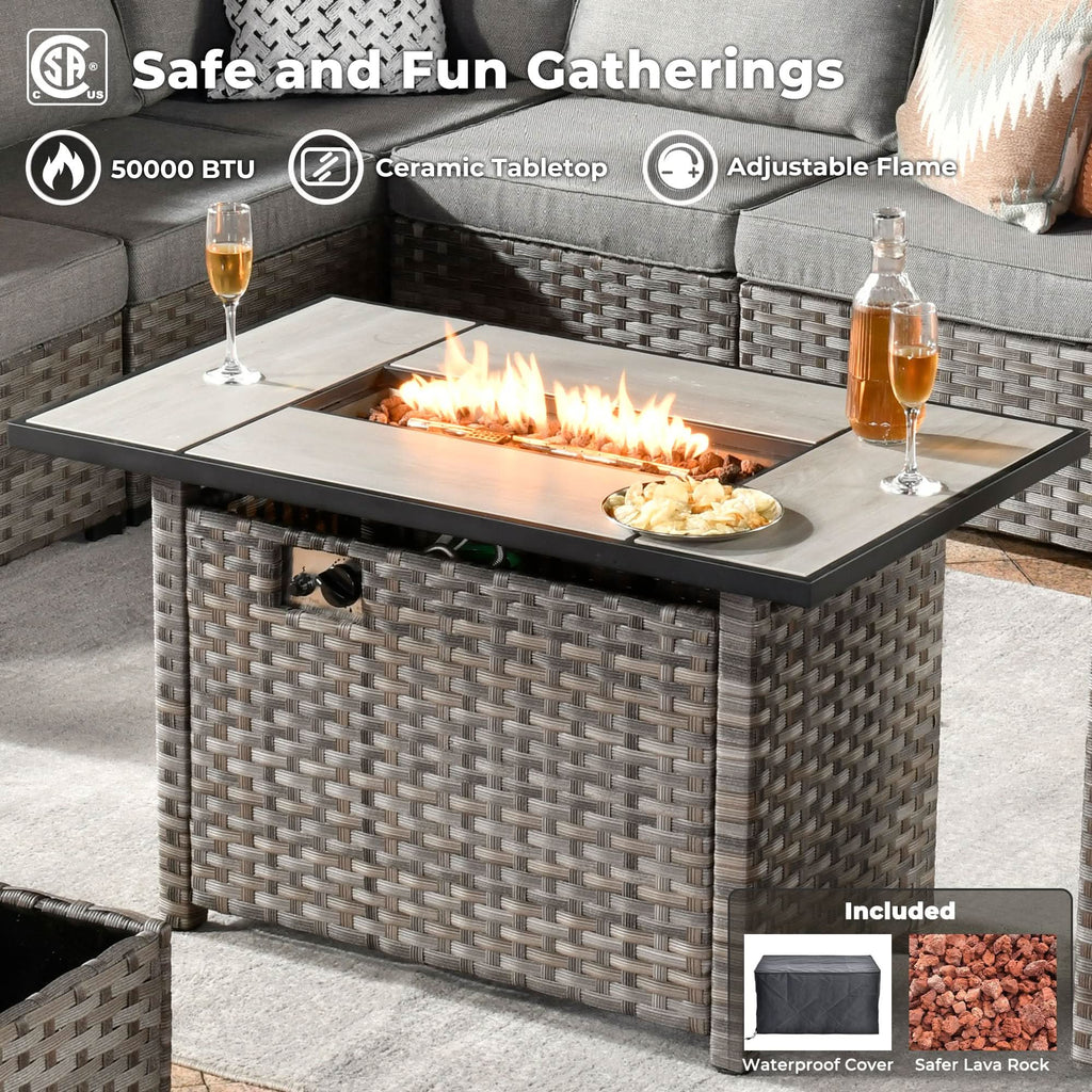 Ovios 13 Pieces Outdoor Patio Furniture Set with Fire Pit Table and Chairs with Wide Armrests