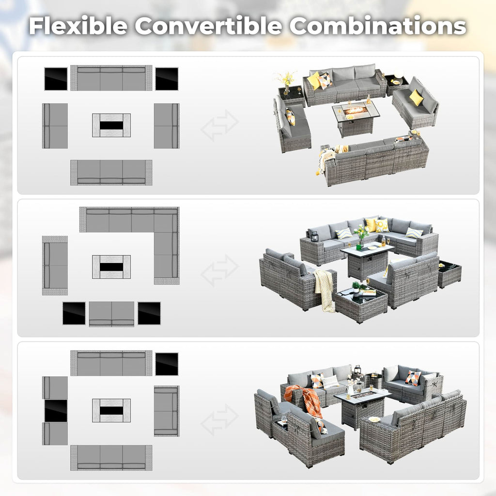 Ovios 13 Pieces Outdoor Patio Furniture Set with Fire Pit Table and Chairs with Wide Armrests