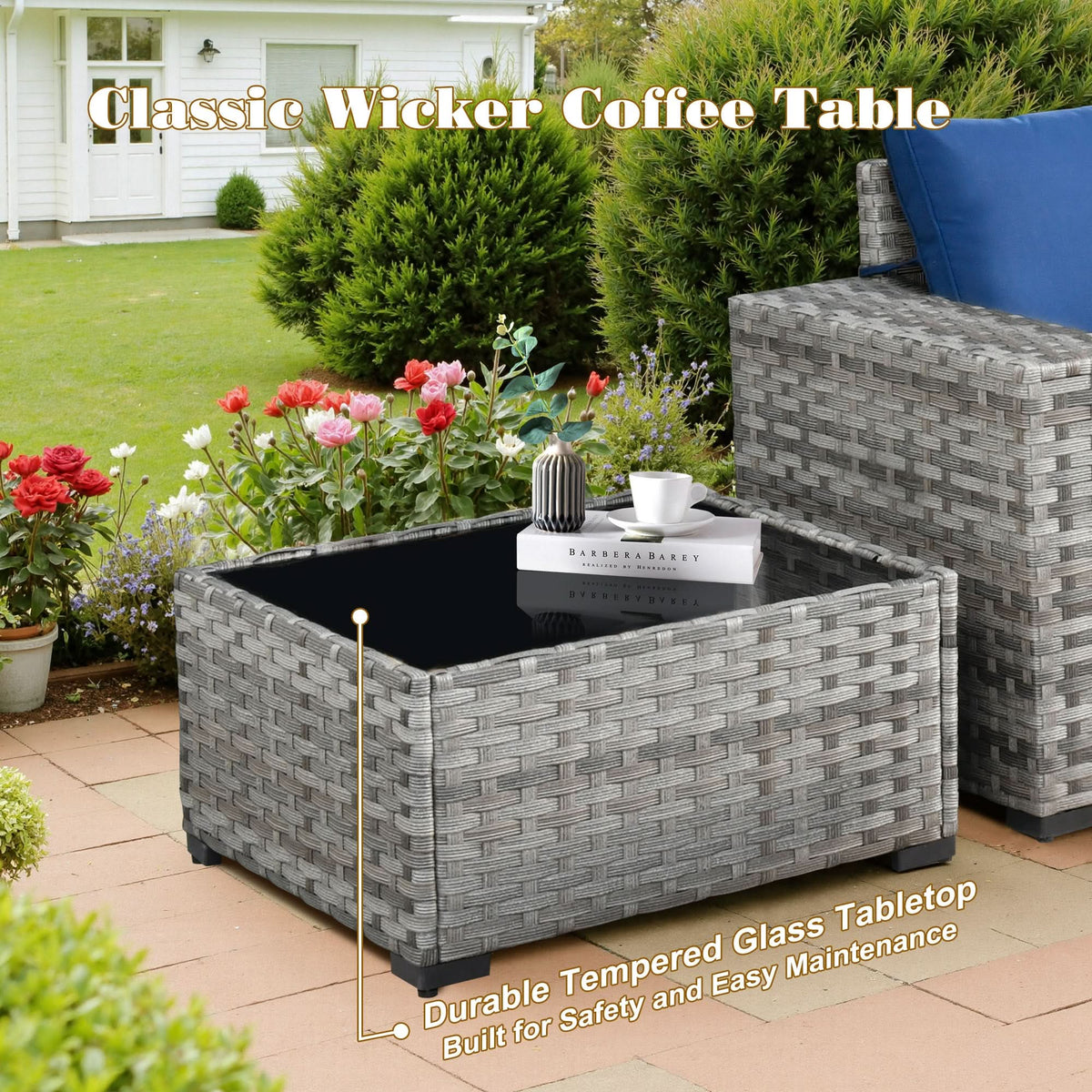 Ovios 13 Pieces Outdoor Patio Furniture Set with Fire Pit Table and Chairs with Wide Armrests