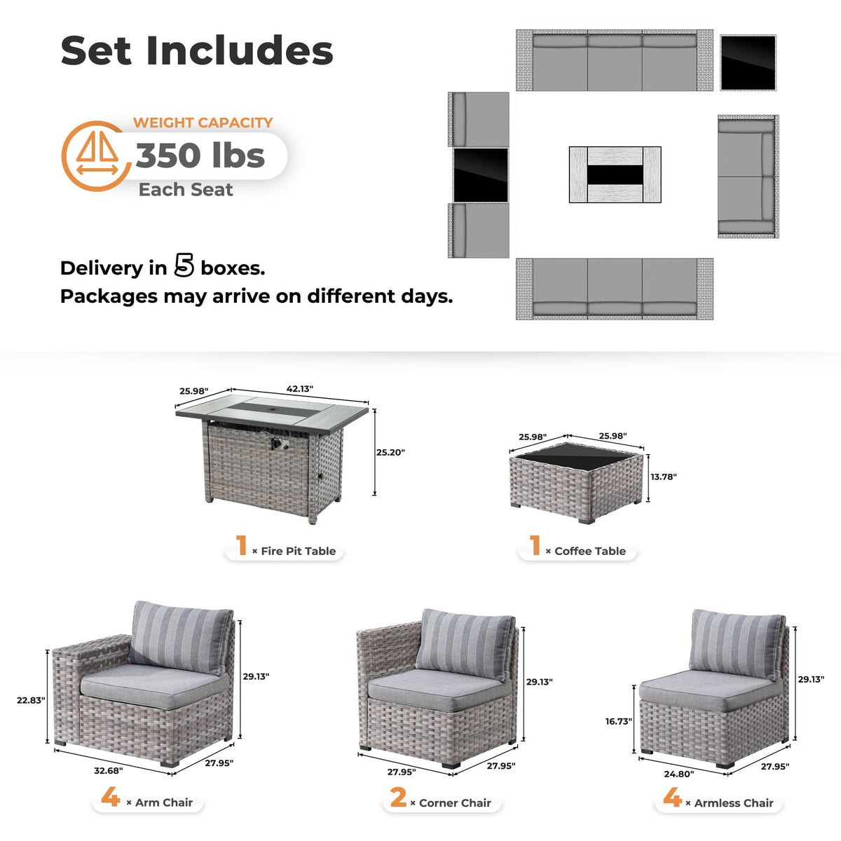 Ovios 13 Pieces Outdoor Patio Furniture Set with Fire Pit Table and Chairs with Wide Armrests