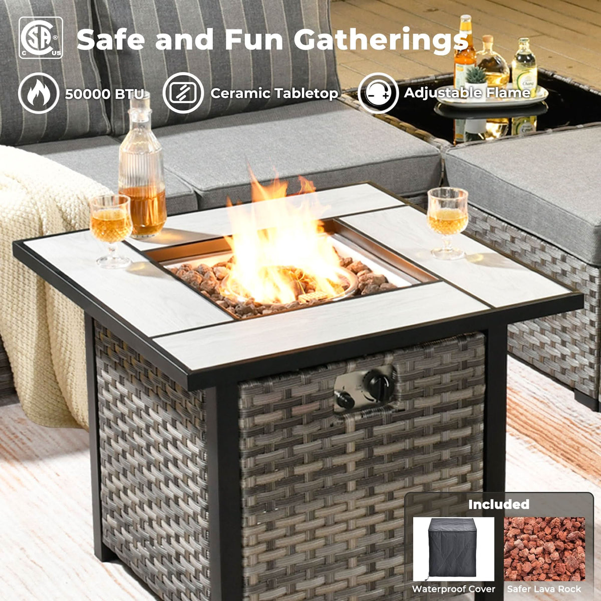 Ovios 13 Pieces Outdoor Patio Furniture Set with Fire Pit Table and Chairs with Wide Armrests