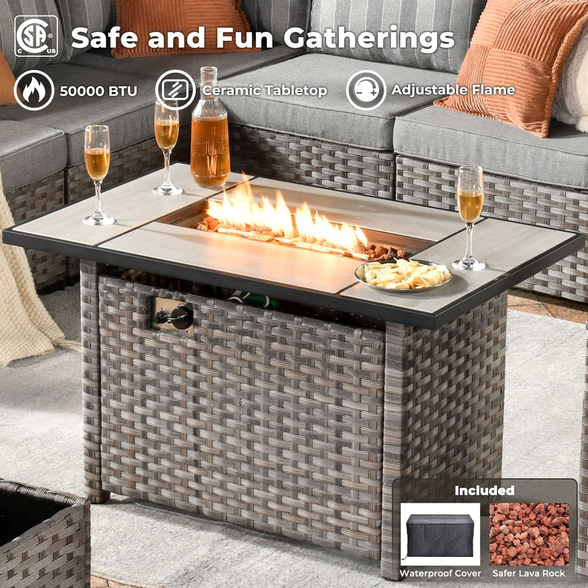 Ovios 13 Pieces Outdoor Patio Furniture Set with Fire Pit Table and Chairs with Wide Armrests