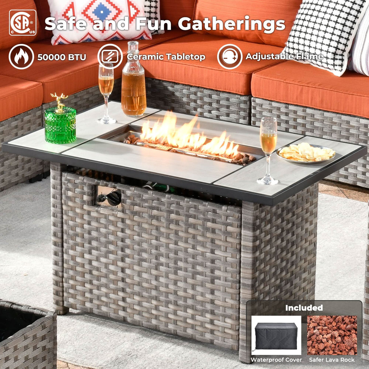 Ovios 13 Pieces Outdoor Patio Furniture Set with Fire Pit Table and Chairs with Wide Armrests