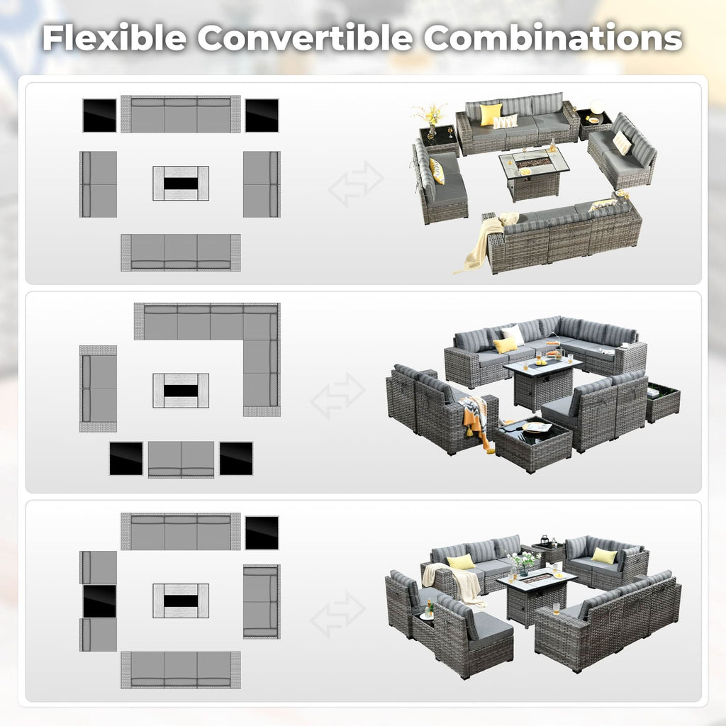 Ovios 13 Pieces Outdoor Patio Furniture Set with Fire Pit Table and Chairs with Wide Armrests