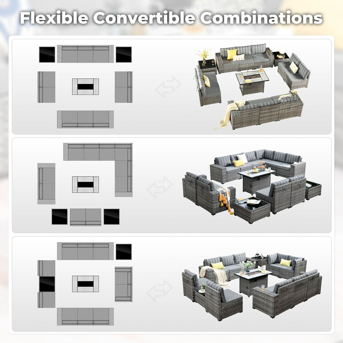 Ovios 13 Pieces Outdoor Patio Furniture Set with Fire Pit Table and Chairs with Wide Armrests